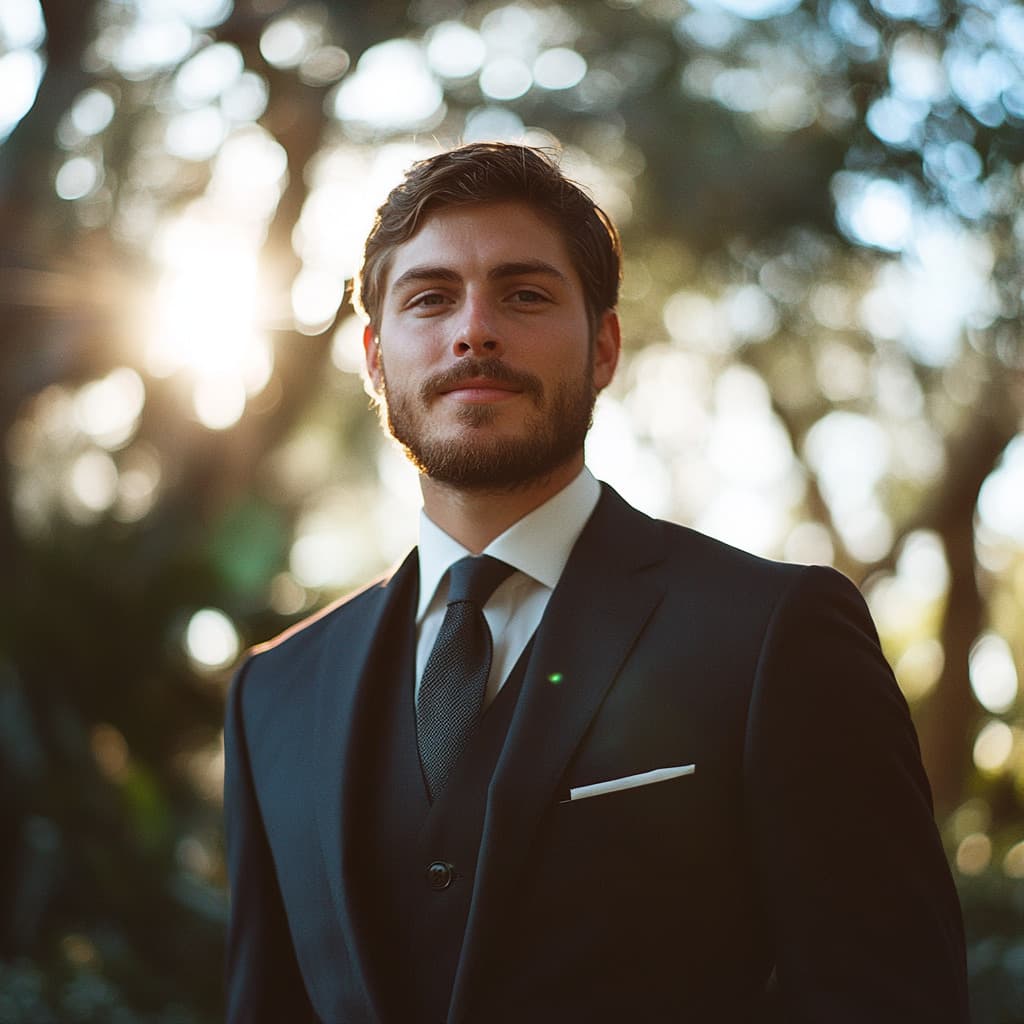 Professional business portrait in dark suit with outdoor bokeh background