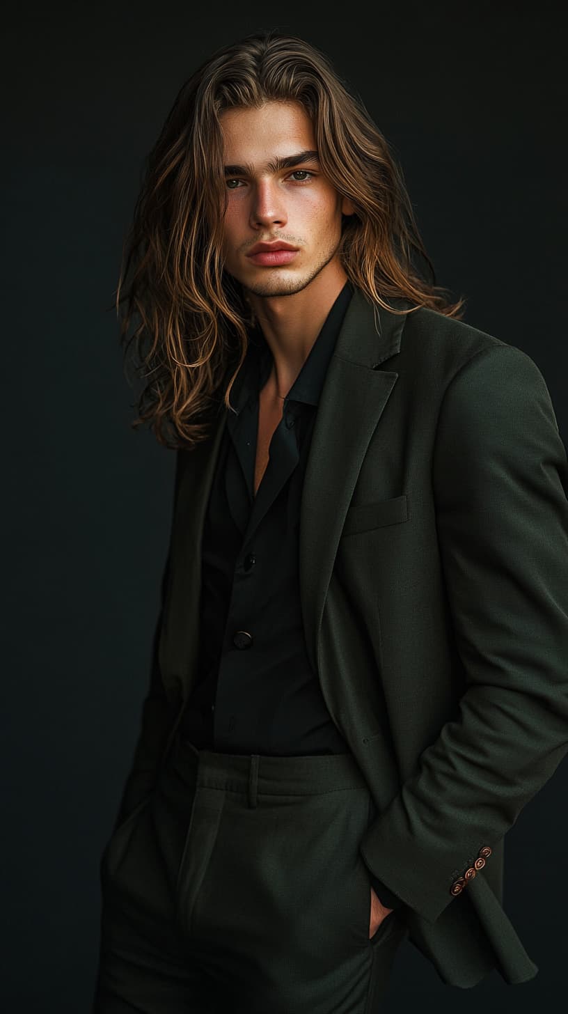 Stylish male model in green suit with long hair dramatic lighting