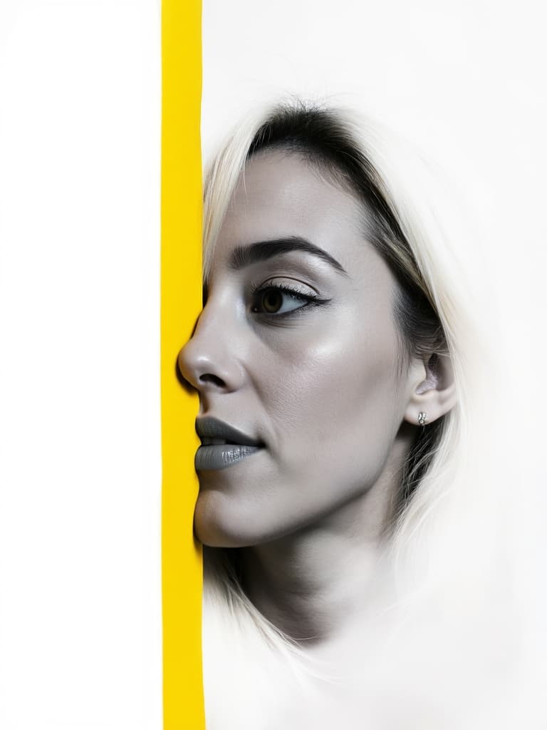 Minimalist black and white portrait with bold yellow stripe