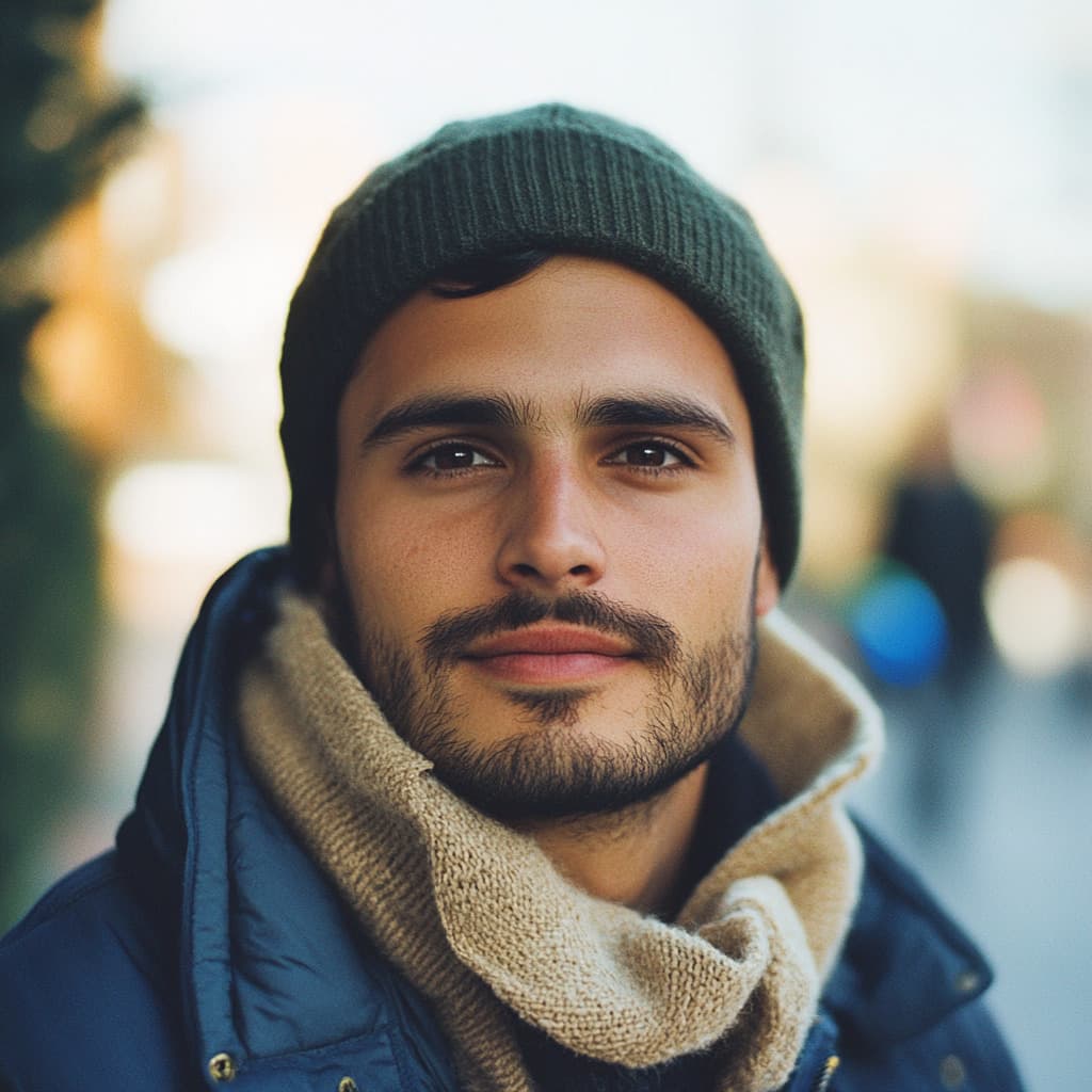 Outdoor winter portrait with green beanie and scarf