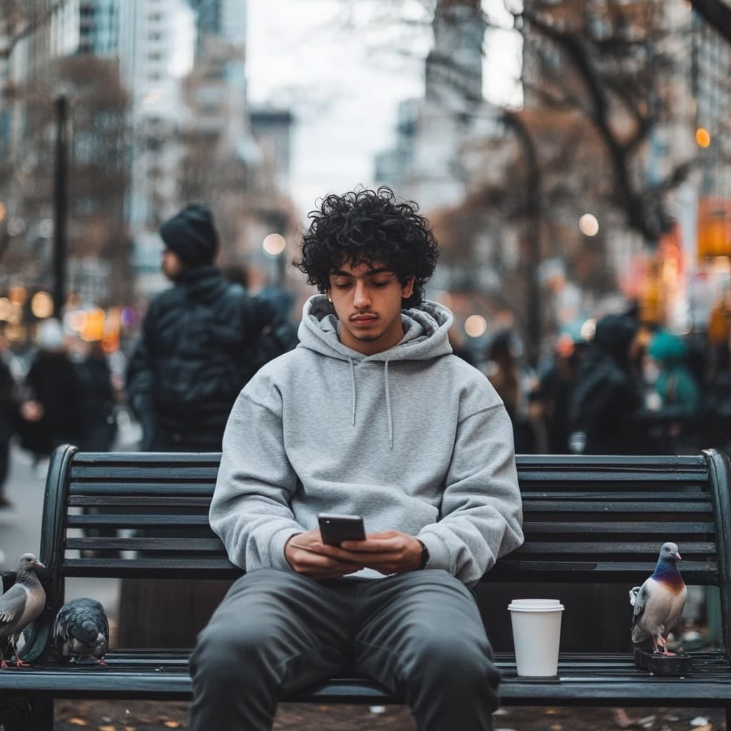 Urban lifestyle shot on park bench with pigeons