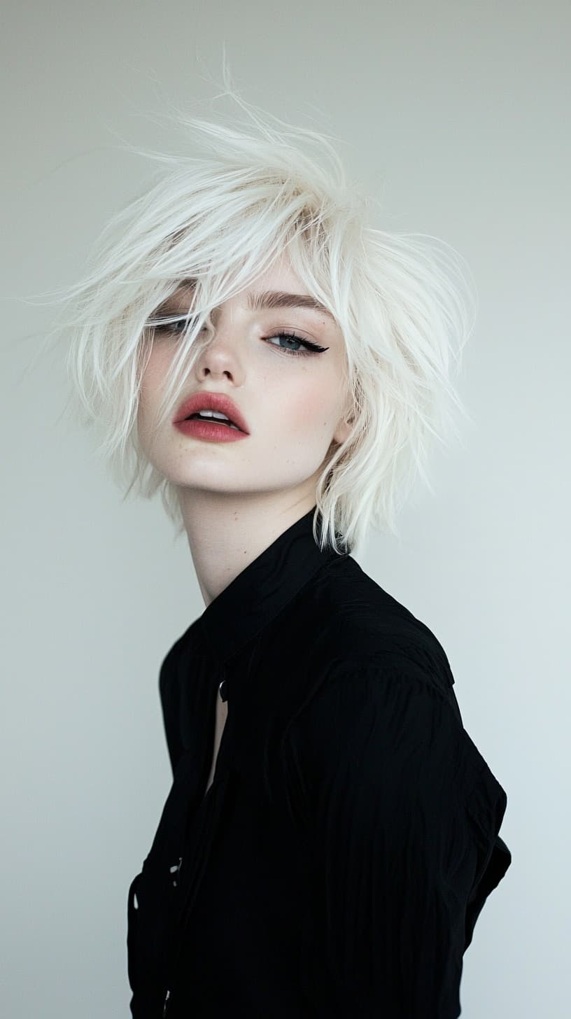 High fashion portrait with platinum white hair and dramatic styling