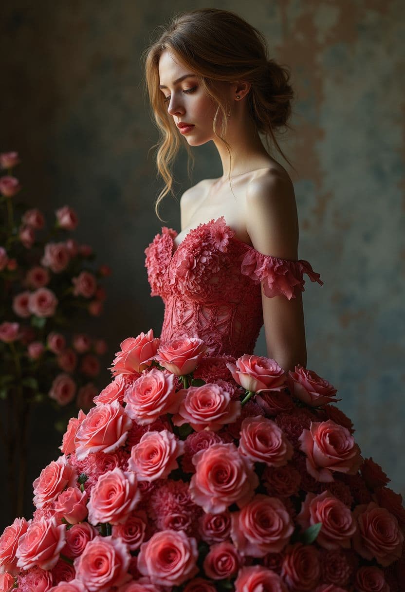 Enchanting portrait in elaboraate rose dress with romantic lighting