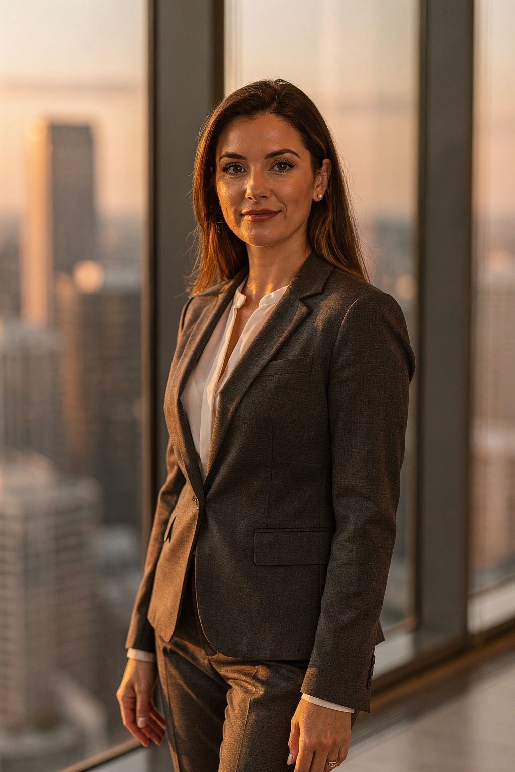 Woman in olive blouse seated portrait