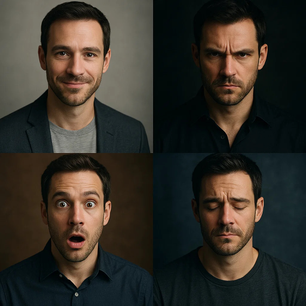 Professional actor headshots showing different emotions and lighting setups