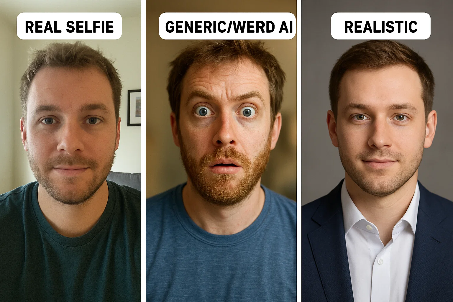 Split screen comparison showing a person's real selfie on the left, a generic/weird AI-generated photo from ChatGPT/Midjourney in the middle that looks nothing like them, and a realistic MyPicNow headshot on the right that actually looks like the person