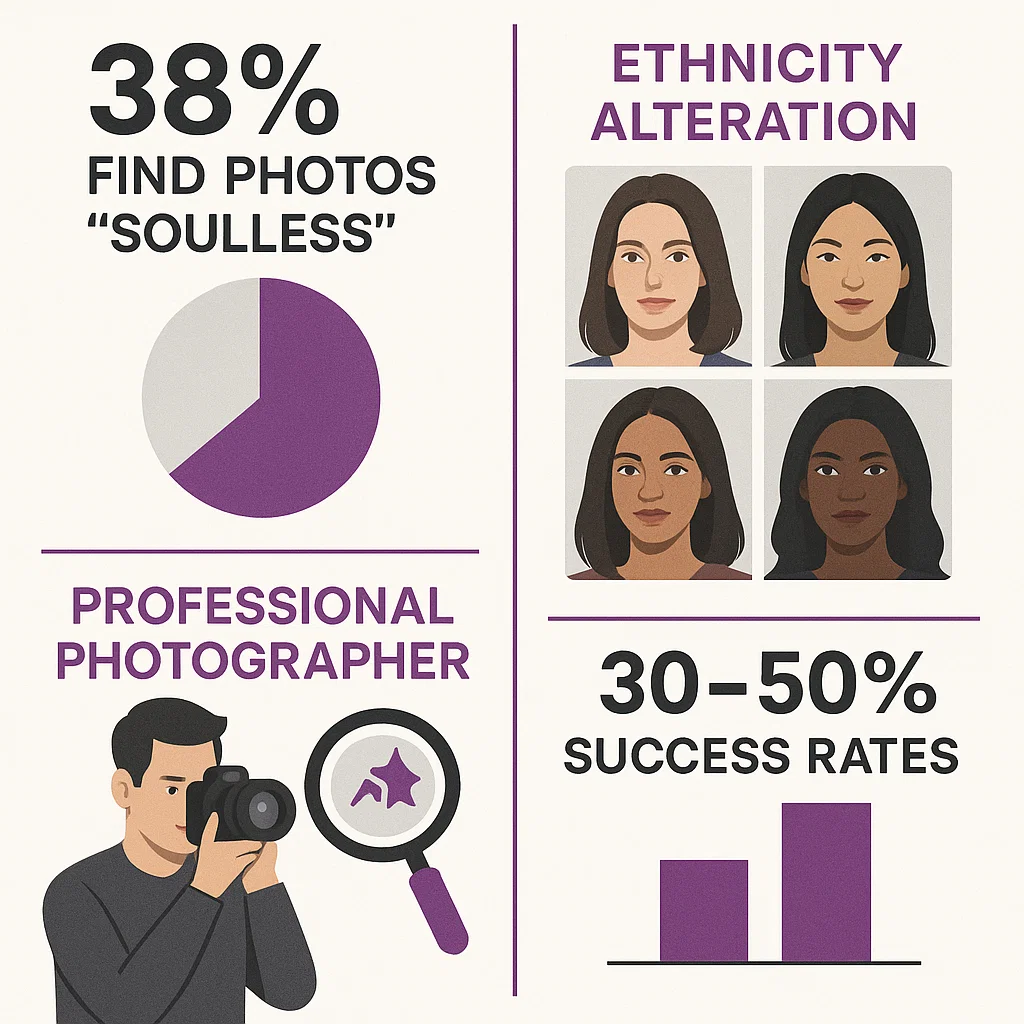 Research infographic showing the key statistics - 38% find photos 'soulless', ethnicity alteration examples, professional photographer spotting AI artifacts, 30-50% success rates