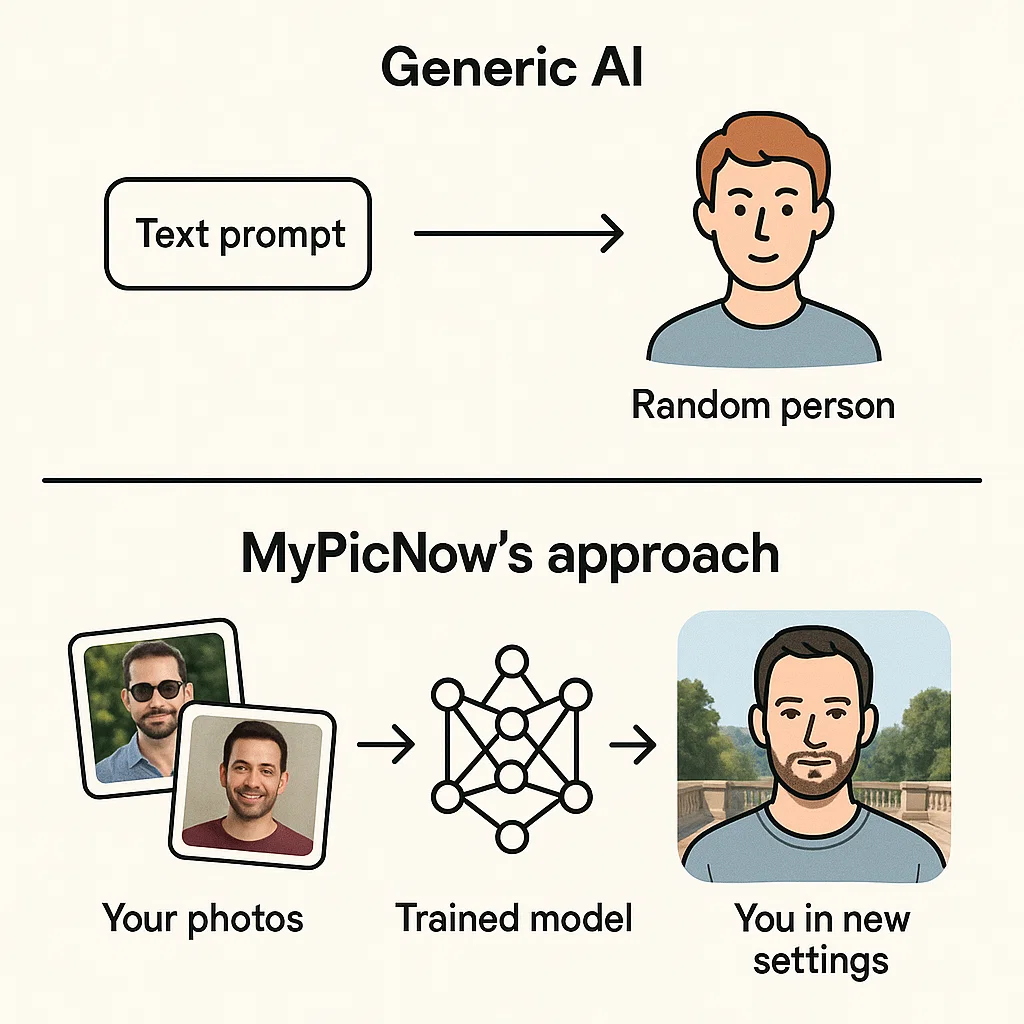 Simple visual diagram showing the difference between generic AI (text prompt → random person) vs. MyPicNow's approach (your photos → trained model → you in new settings)