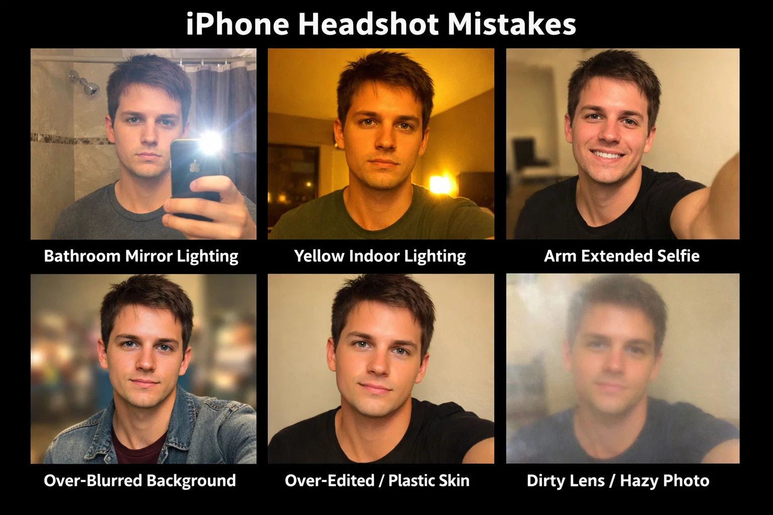 Grid showing common iPhone headshot mistakes