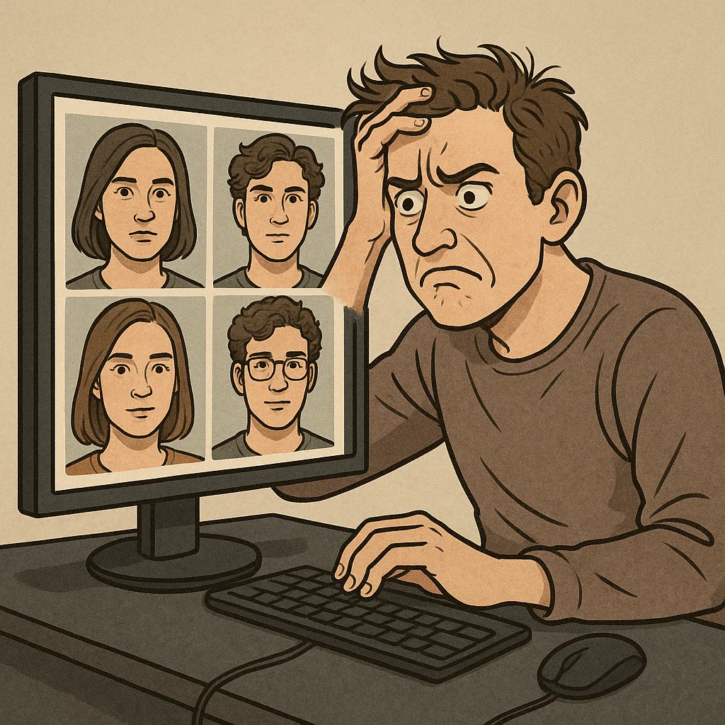 A frustrated person at their computer looking at multiple AI-generated photos on screen, all showing different faces that are supposed to be the same person — emphasizing the inconsistency problem