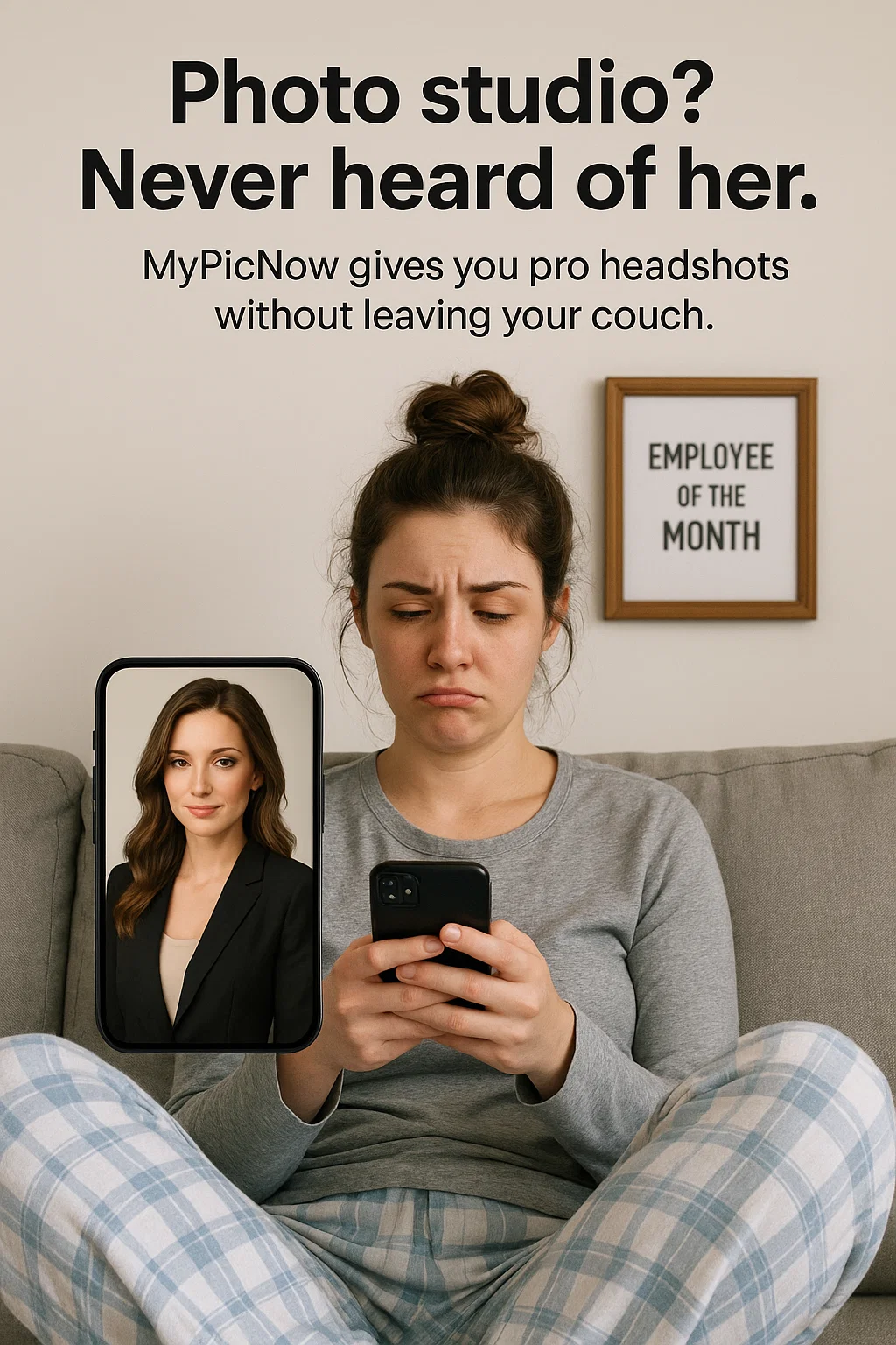 Futuristic-looking workspace with multiple screens showing AI-generated professional headshots being used across different platforms - LinkedIn, company website, business cards, etc.