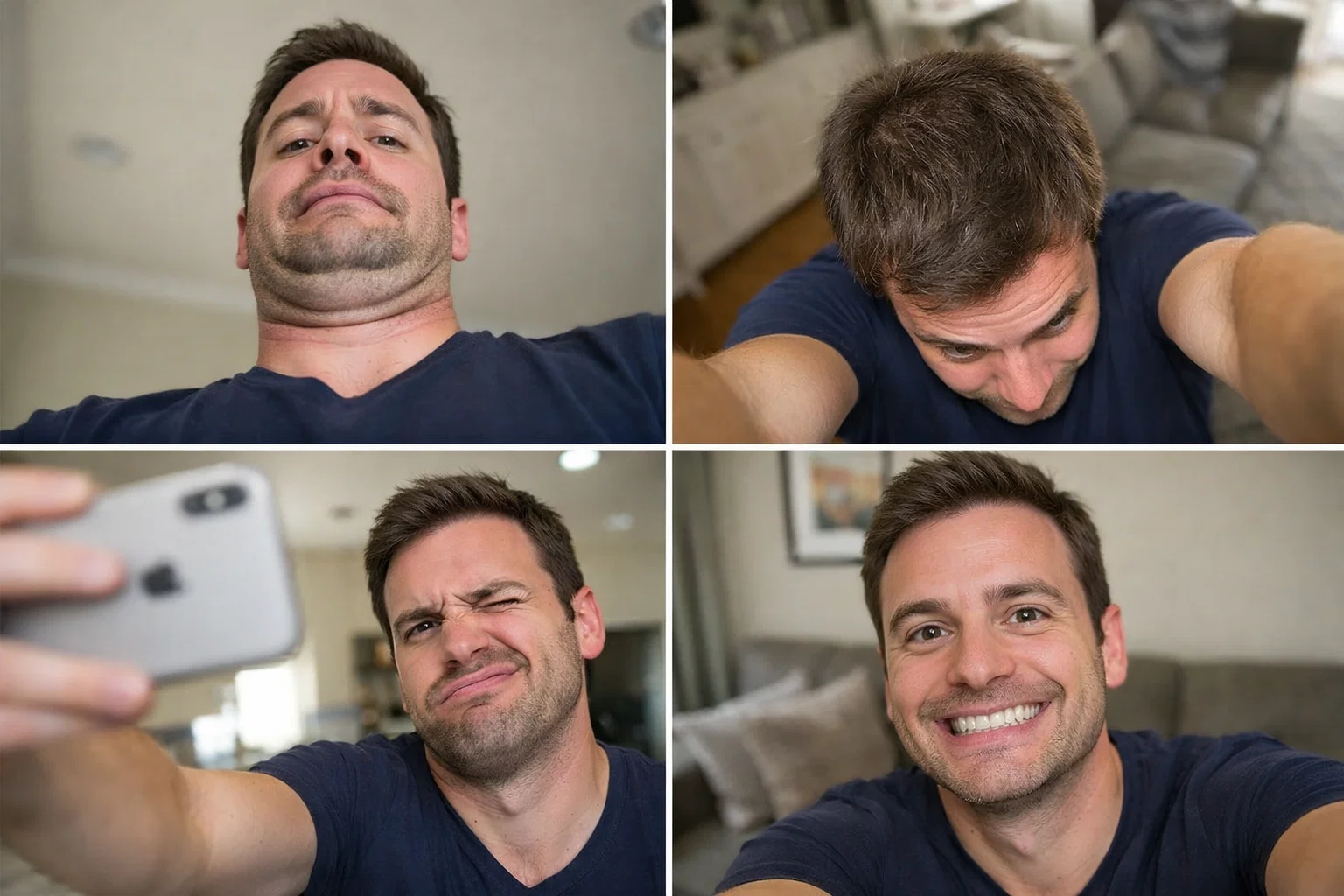 Grid showing common iPhone selfie angle mistakes - too low, too high, arm extended, awkward posing