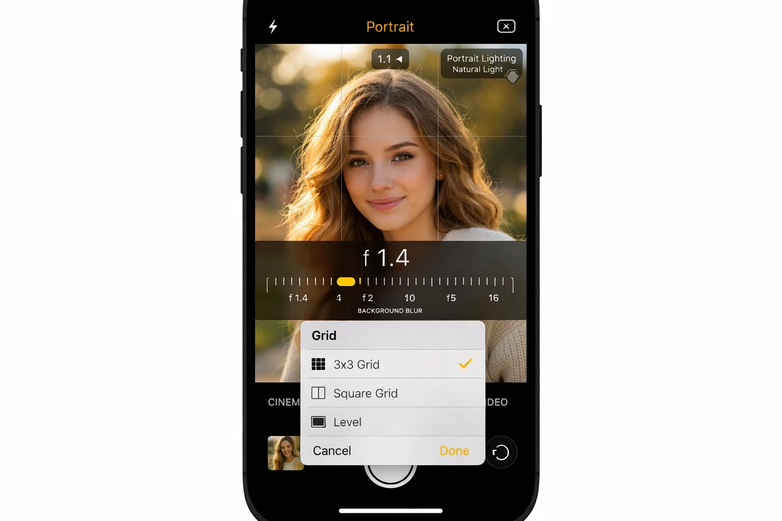 iPhone camera app showing Portrait mode, f-stop adjustment, and grid settings