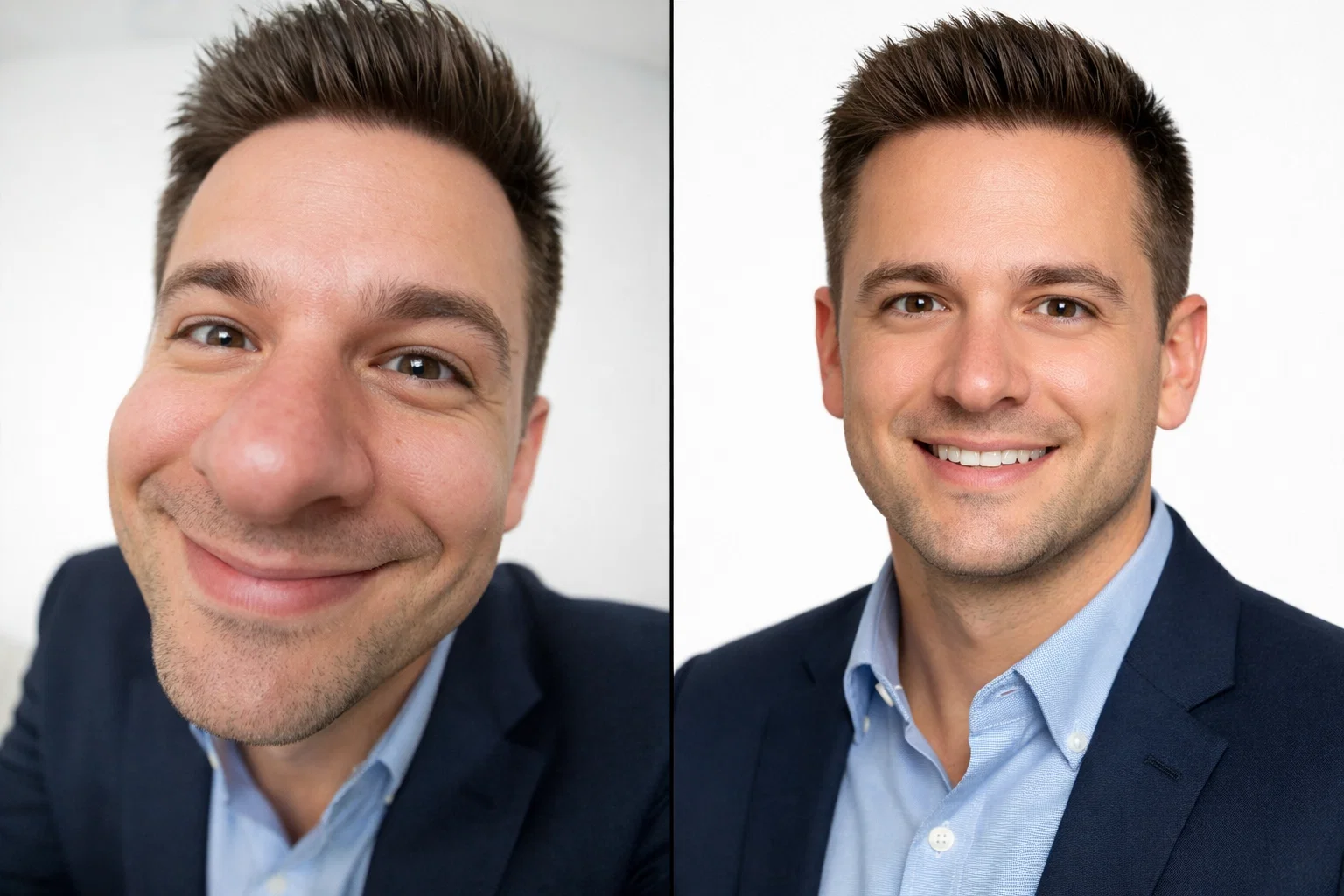 Split screen showing how iPhone front camera vs back camera captures face differently