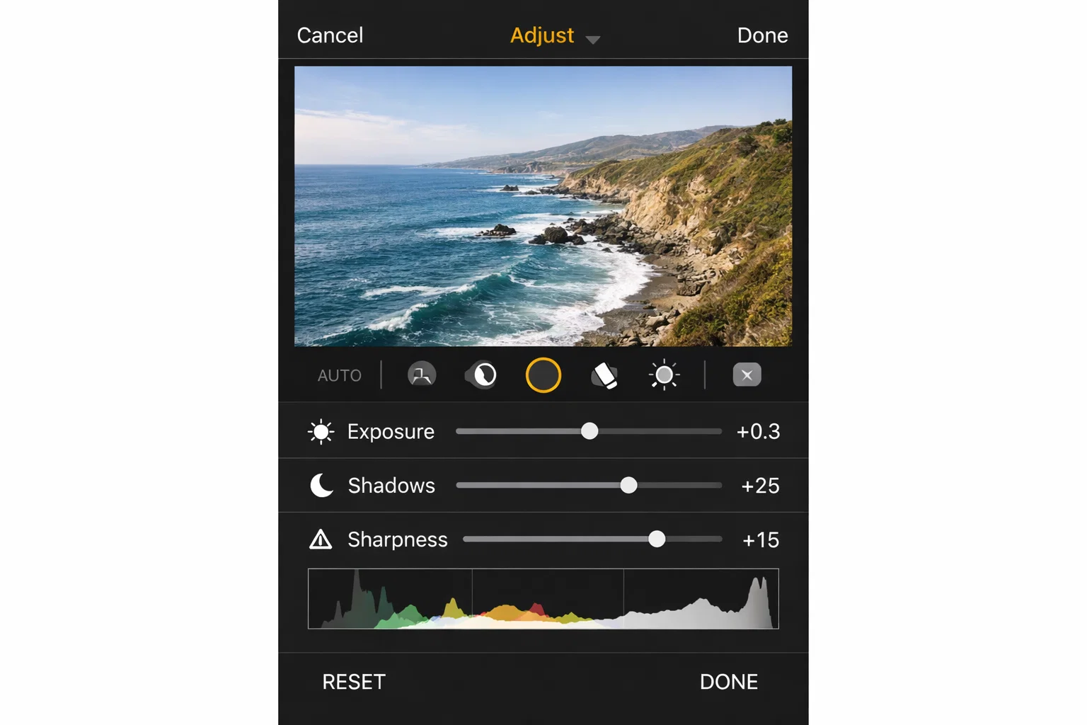 iPhone Photos app editing interface showing subtle adjustments to exposure, shadows, and sharpness