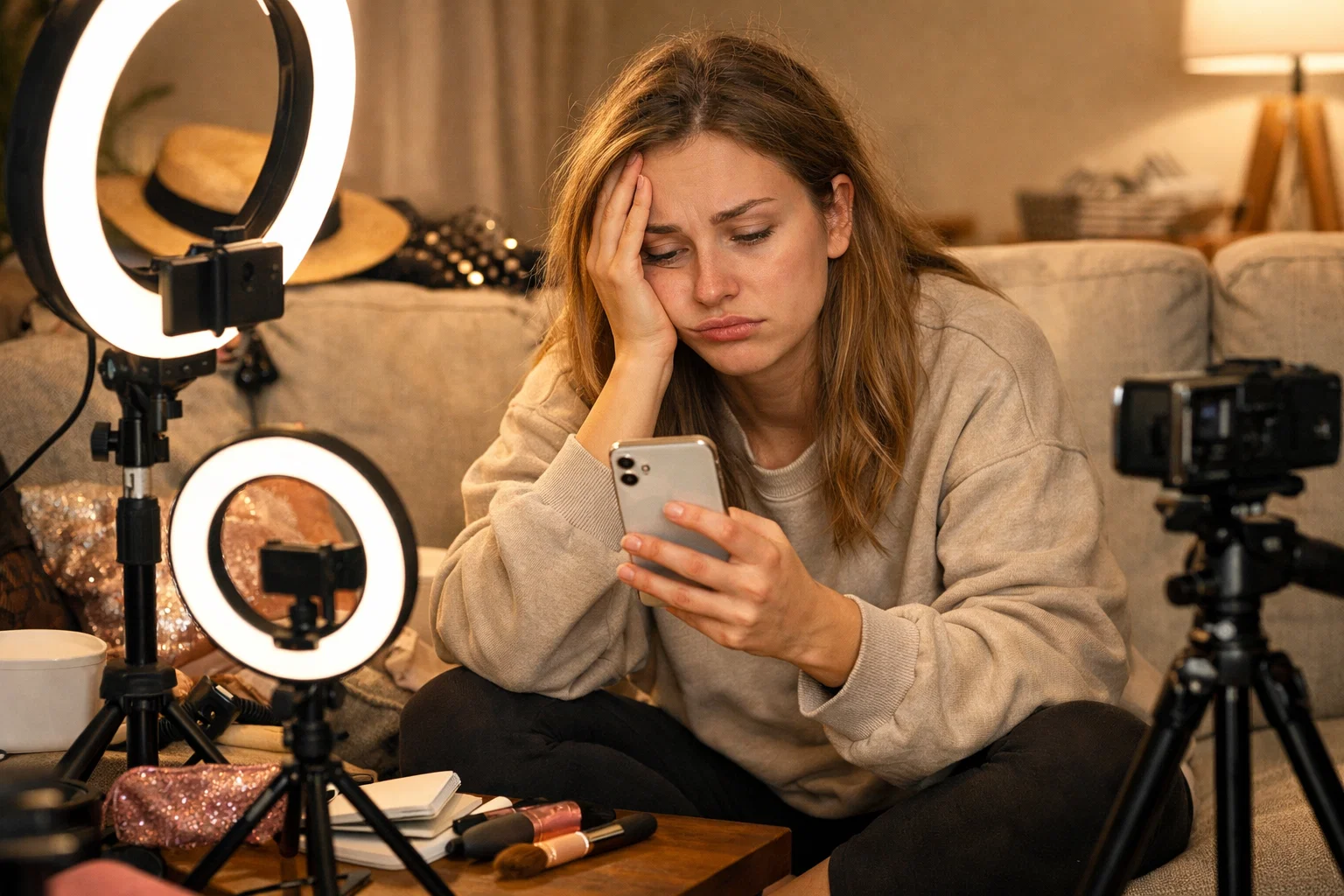 Person looking frustrated at their phone after taking dozens of failed selfie attempts