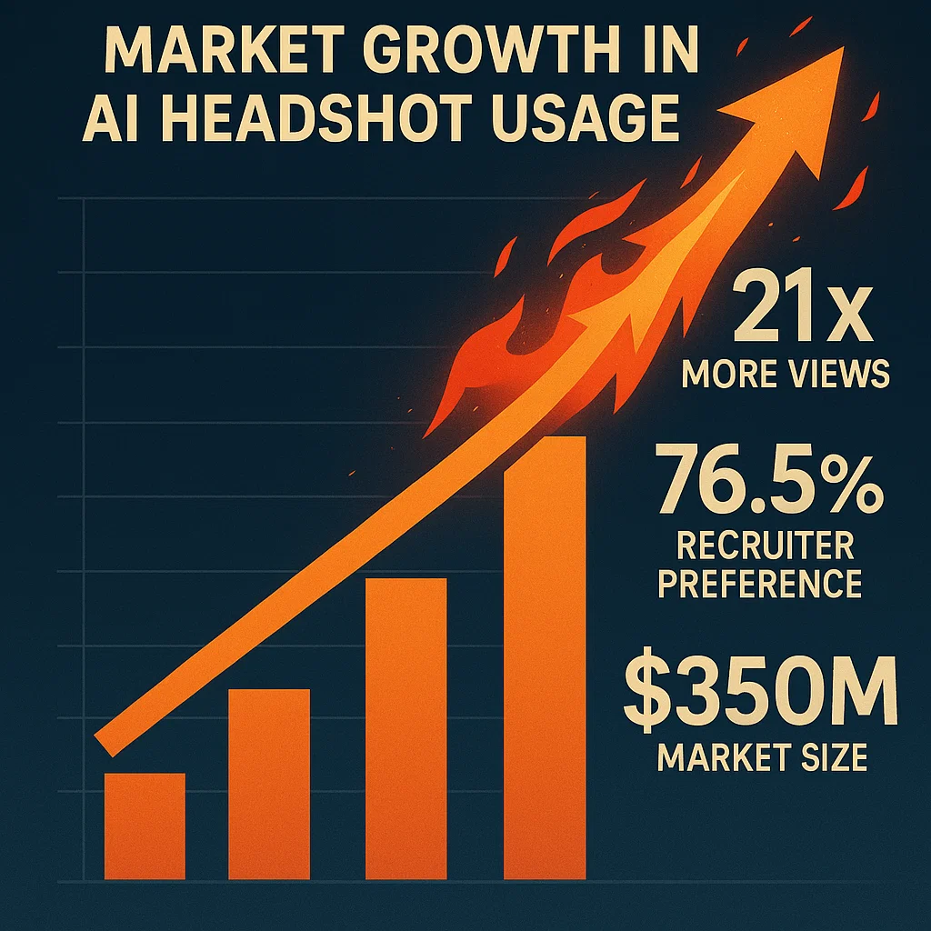 Market growth visualization showing the explosive increase in AI headshot usage, with statistics overlaid (21x more views, 76.5% recruiter preference, $350M market size)