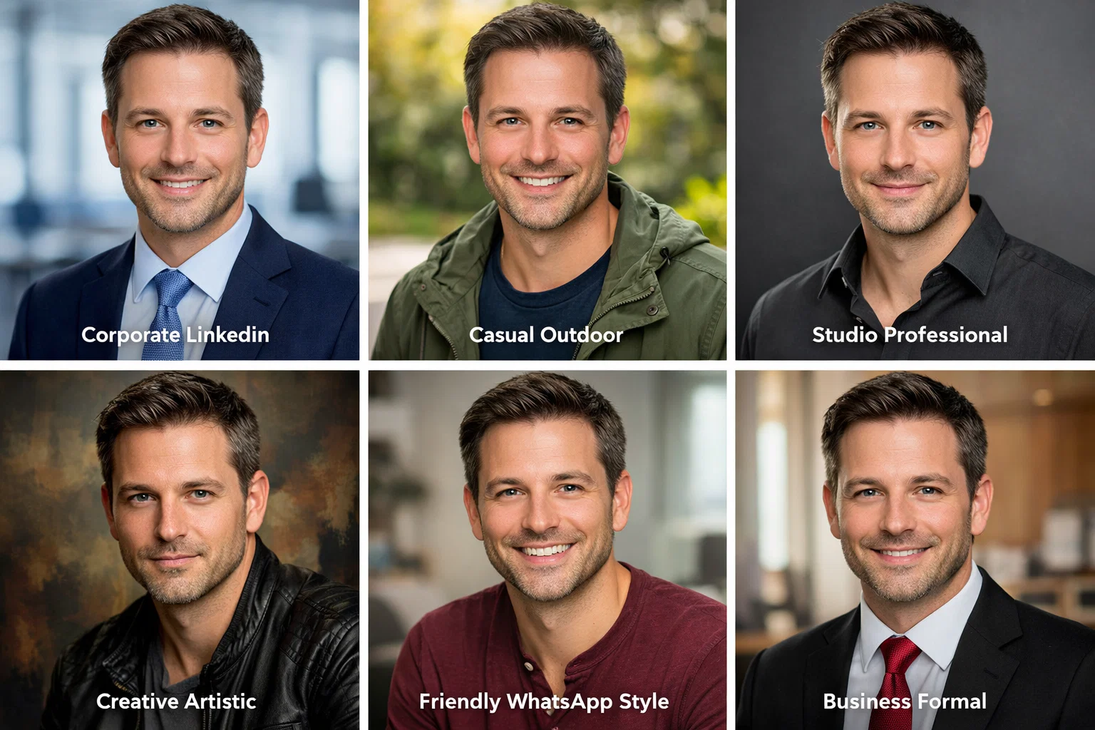 Grid showing variety of professional headshots generated from casual iPhone selfies