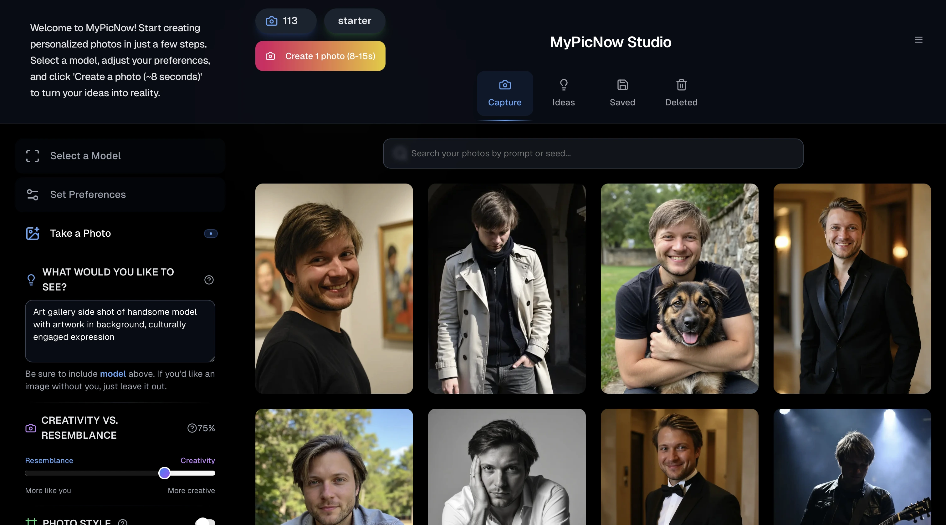 Screenshot of MyPicNow interface showing the upload process - someone uploading multiple selfies, then the training progress bar, then the final generated professional headshots