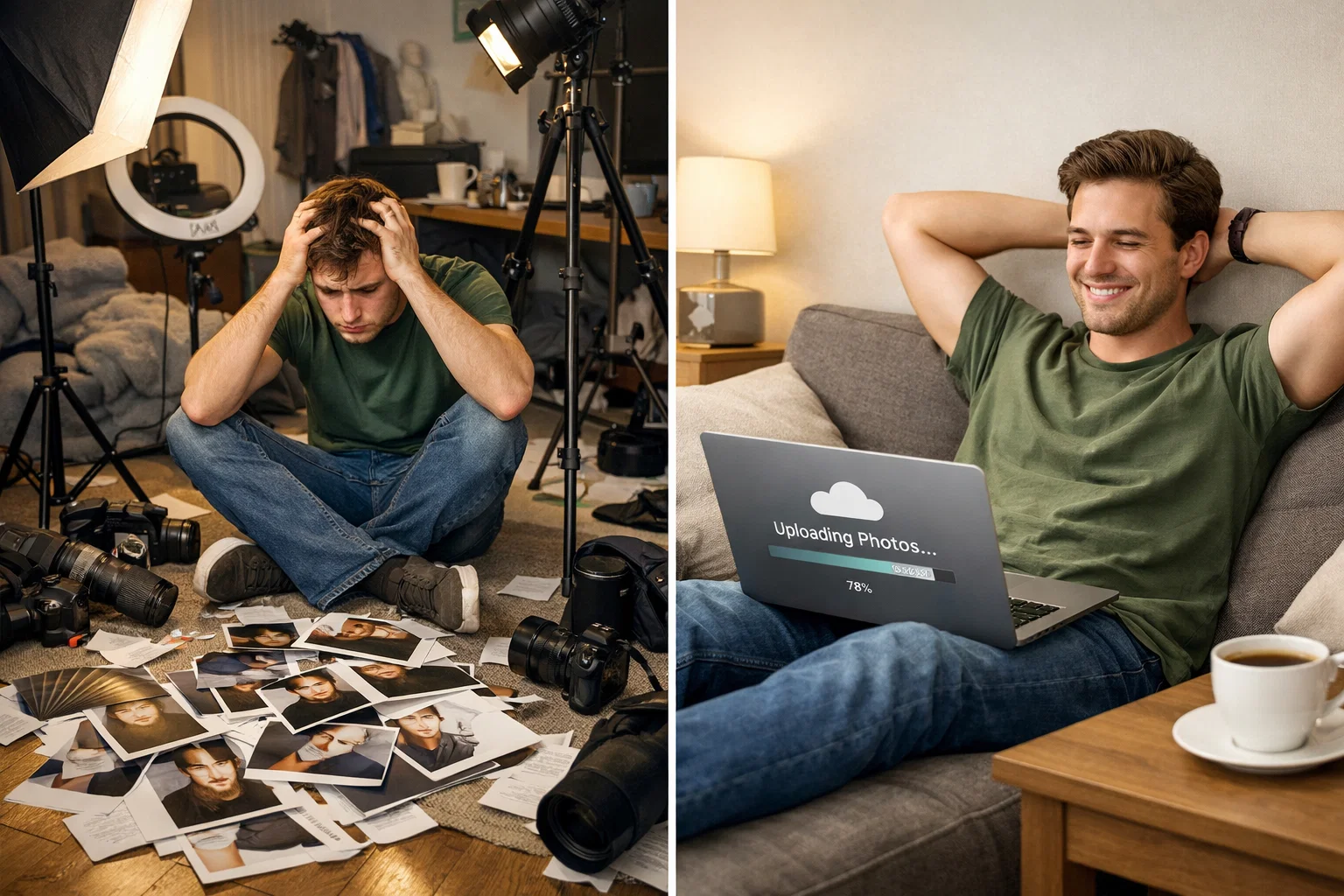 Comparison showing DIY iPhone setup chaos vs simple MyPicNow upload process