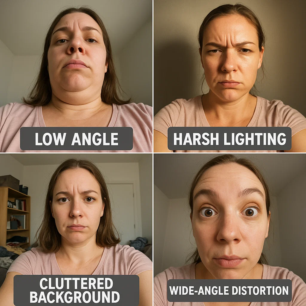 Grid showing common selfie mistakes - low angle, harsh lighting, cluttered background, wide-angle distortion