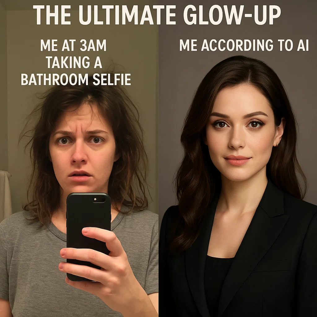 Split screen showing a basic phone selfie on the left and a polished AI headshot on the right, same person